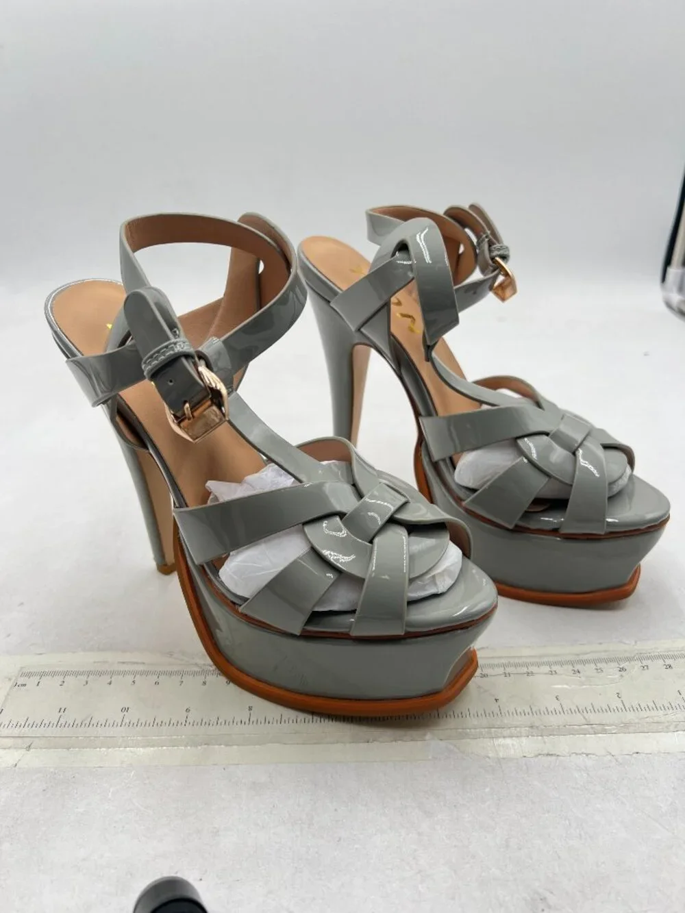 YDN Grey Strappy High Heeled Platform Peep Toe Stiletto Heels T-strap Sandals